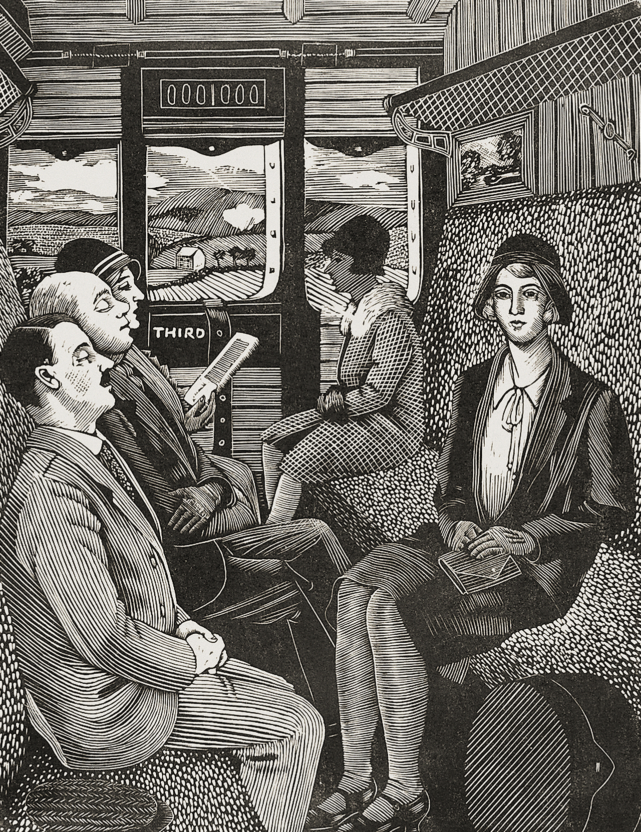 Wood engraving in black and white of the inside of a train carriage with the countryside visible through the window at the back. On the left bench a woman sits party turned to the viewer and wears a cloche hat, jacket and skirt. Opposite her is a sleeping man sat in a striped suit and another sleeping man next to him and a woman reading at the far end.