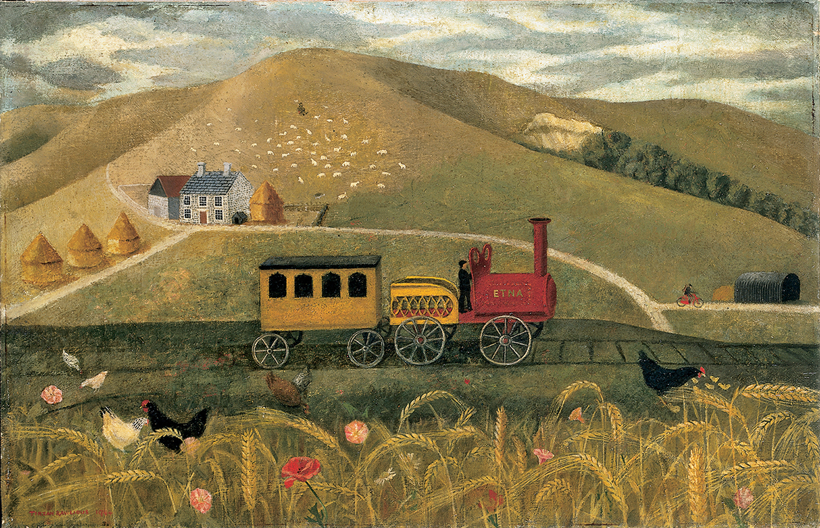 Painting of a countryside scene of a large hill, with a farm, haystacks and sheep and in the foreground a toy train.